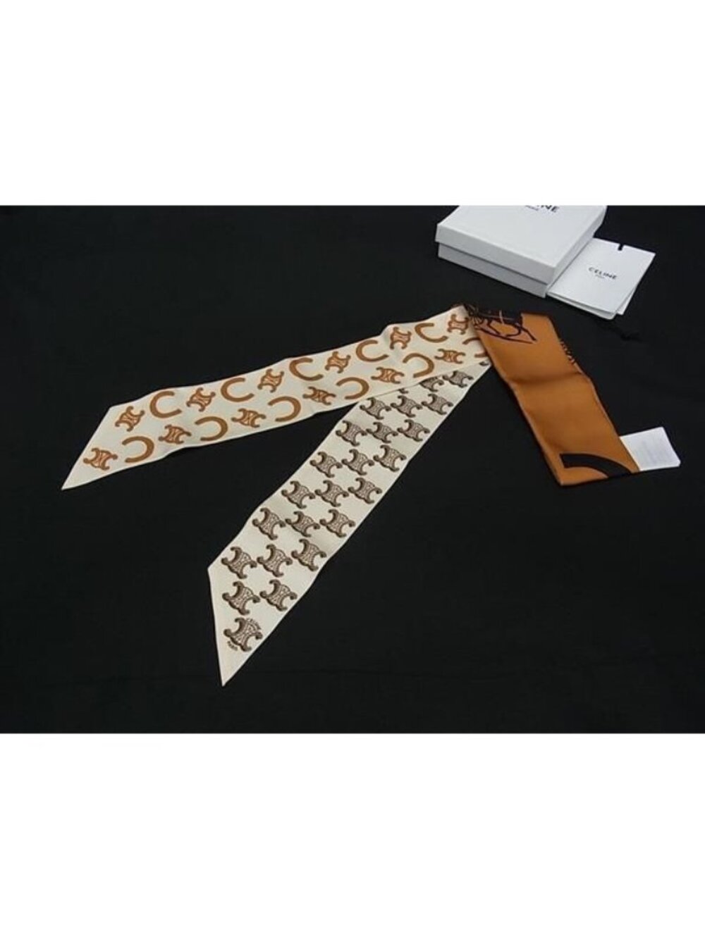 Celine Lavalliere Triomphe Silk 100% Ribbon Scarf Brown Ivory
